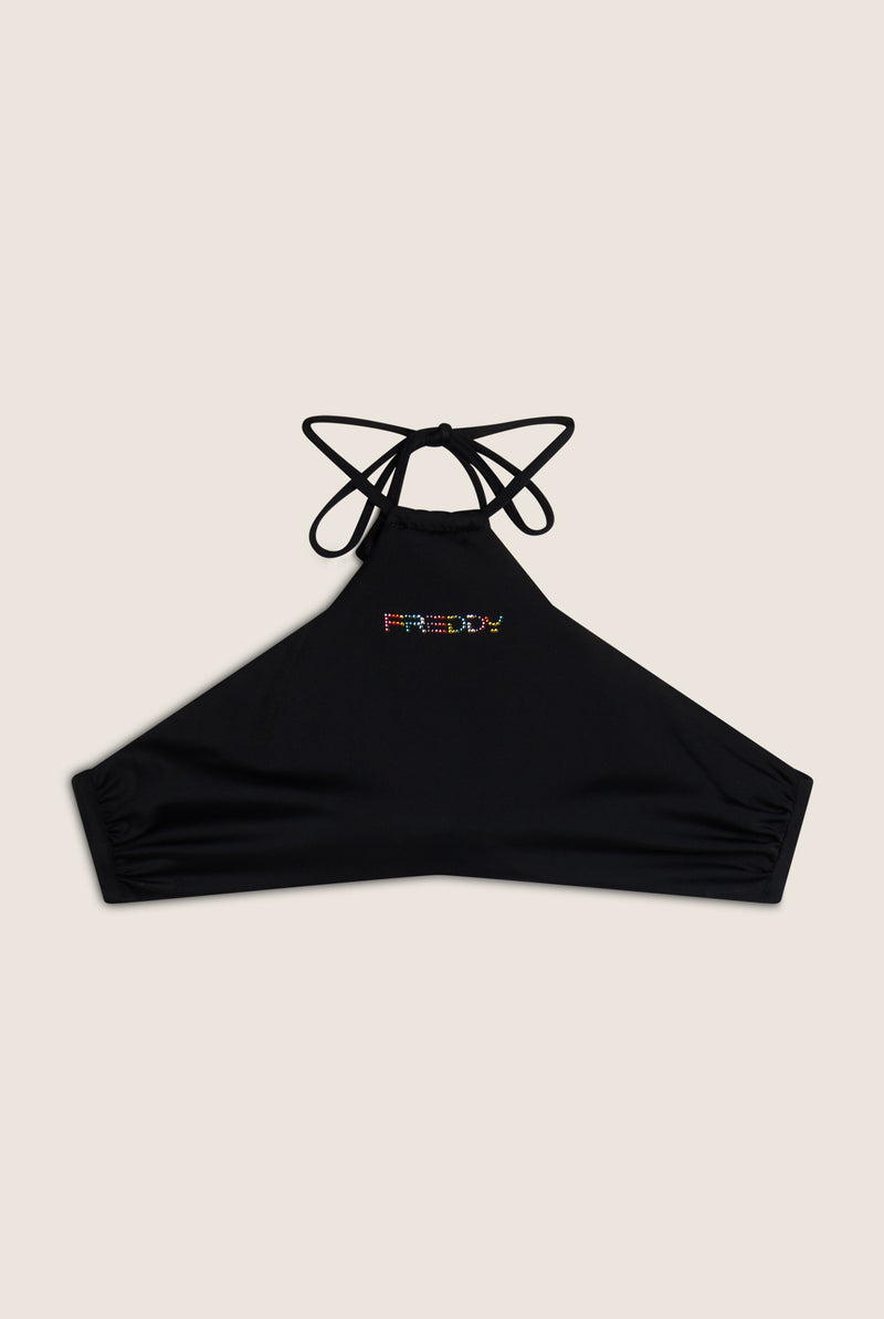 Bikini-Neckholder-Top mit strassbesetztem Freddy Logo - BLACK