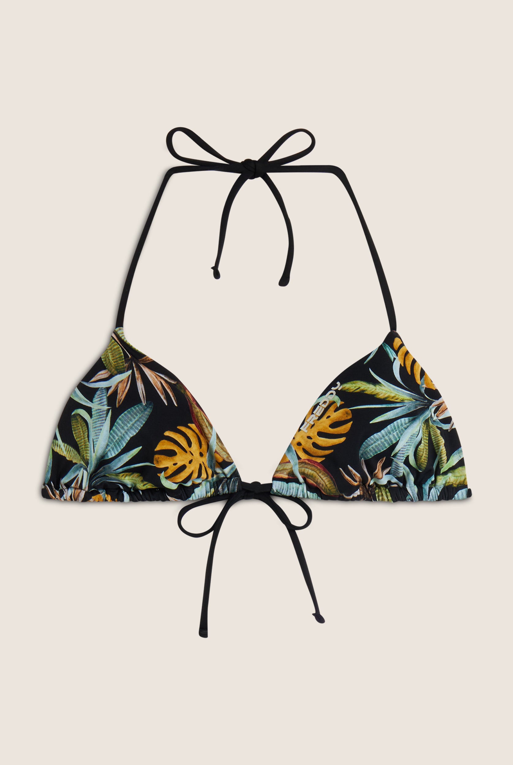 Triangel-Bikinioberteil mit tropischem Blattmuster - BLACK