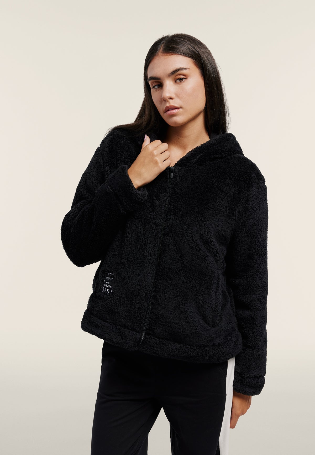Teddy fleece hoodie with a zip - Black