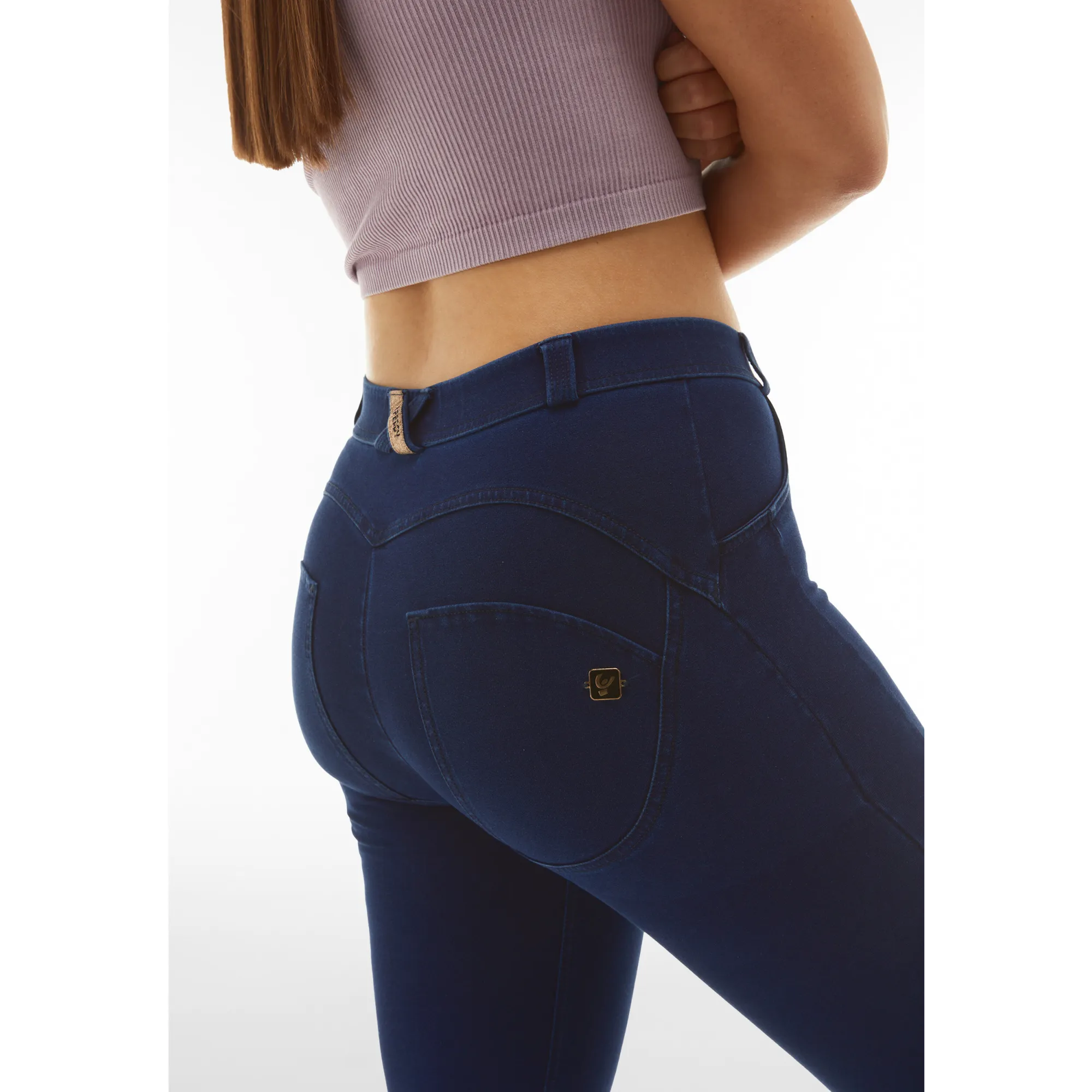 Freddy WR.UP® Denim spodnie Push-Up - 7/8 Super Skinny z regularnym stanem - Ciemnoniebieski z niebieskimi szwami - J0B