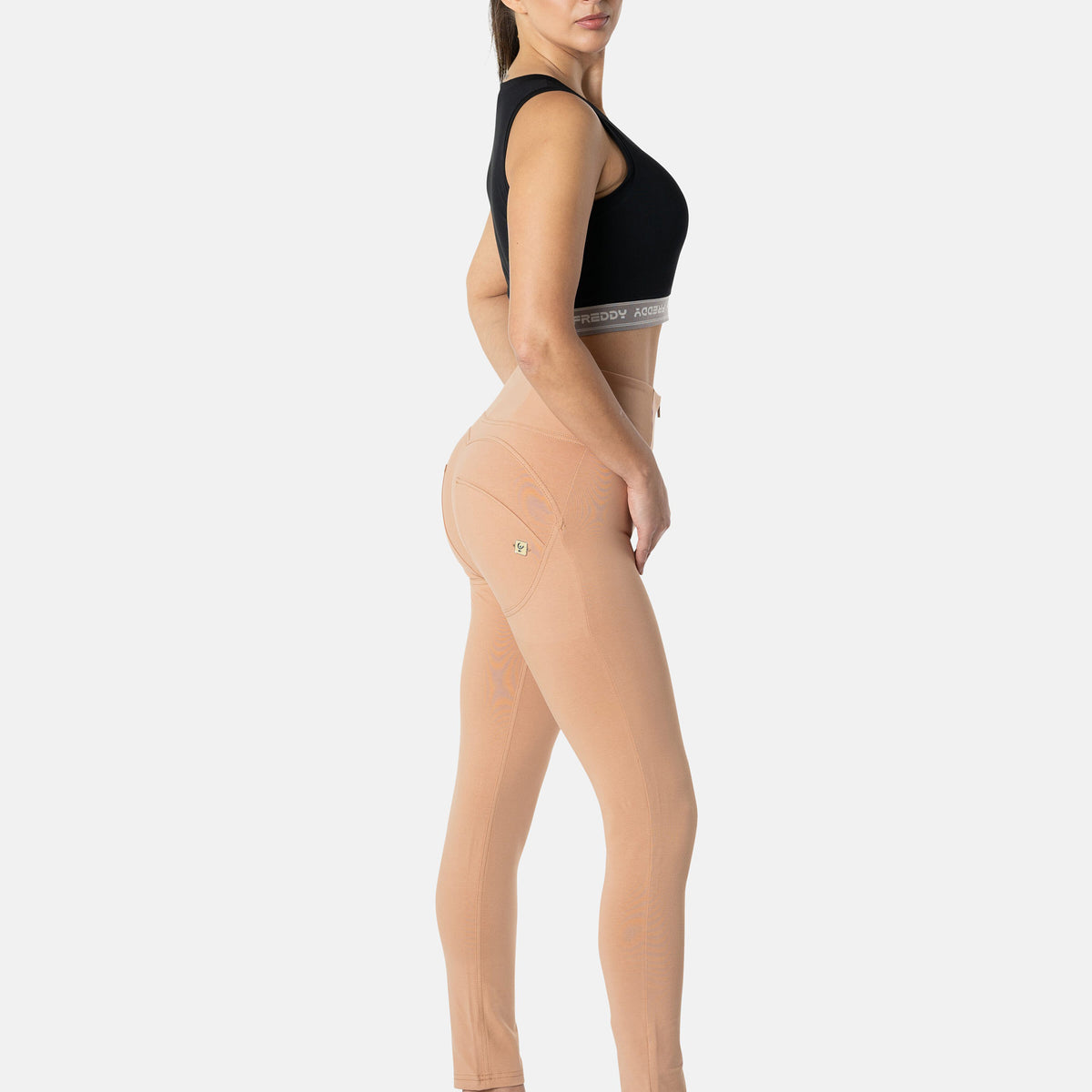 Freddy WR.UP® damskie spodnie push-up - 7/8 z wysokim stanem, super obcisłe - jasnobrązowe - M44 – Freddywear