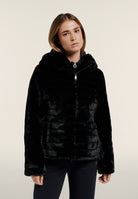 Synthetic fur hooded jacket with striped effect - Black