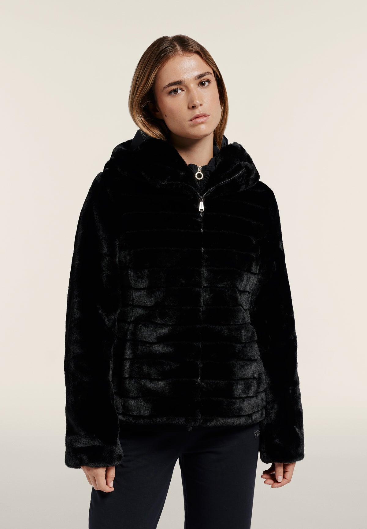 Synthetic fur hooded jacket with striped effect - Black