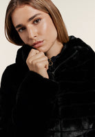Synthetic fur hooded jacket with striped effect - Black