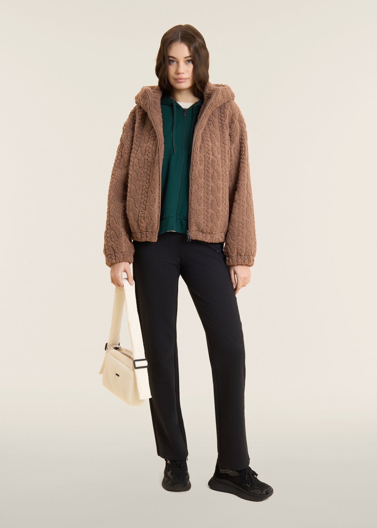 Hooded jacket in cable-knit sherpa fleece - Chanterelle