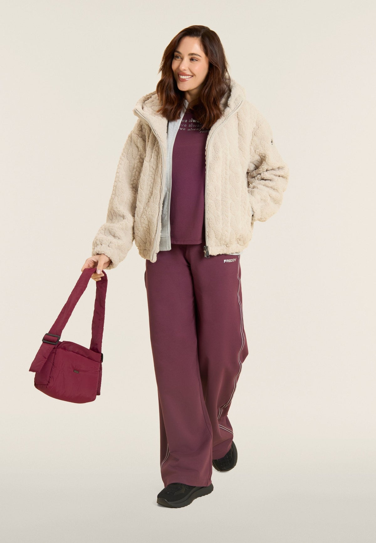 Hooded jacket in cable-knit sherpa fleece - Moonbeam